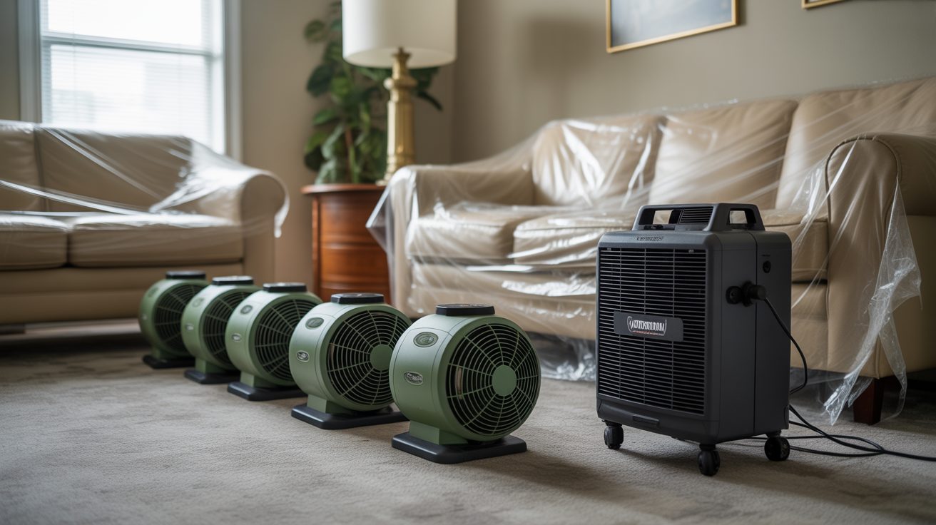 Commercial water damage equipment staged on a Sunshine Coast job